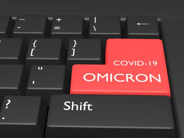Coronavirus concept. Word COVID-19 OMICRON on button of computer keyboard. 3d rendering