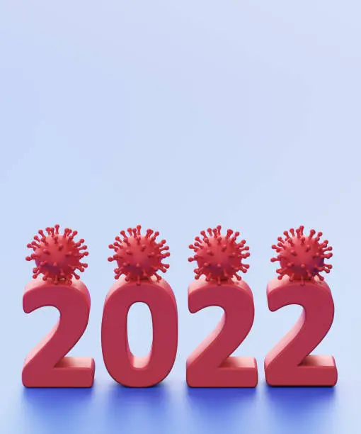 2022 is the year of the coronavirus. Digit 2022 with viruses COVID-19. 3d rendering