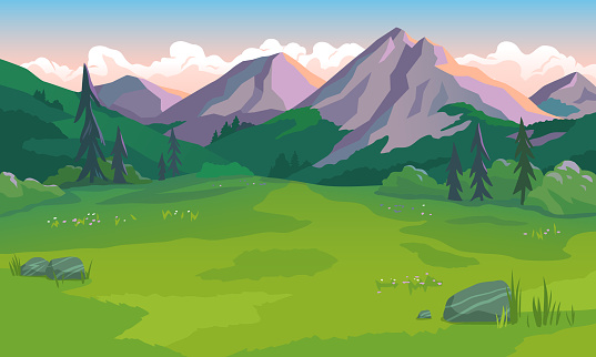 Vector illustration of a beautiful landscape with mountains,  green valley, stones and grass and cloudy pink sky at sunset