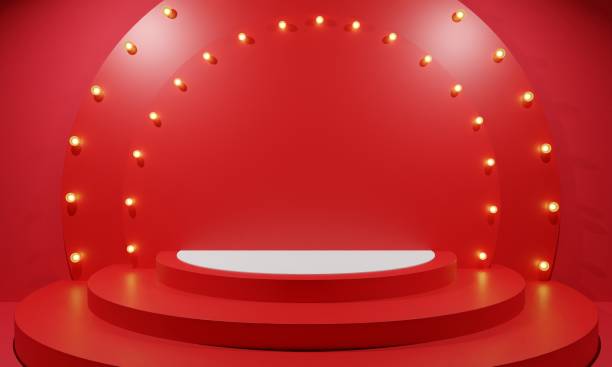 red podium with neon light in the red room.3d rendering.