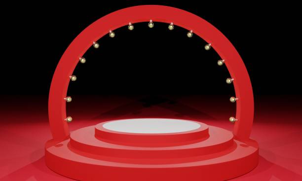 red podium with neon light in the red room.3d rendering.