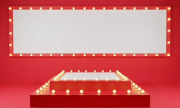 red podium with neon light in the red room.3d rendering.