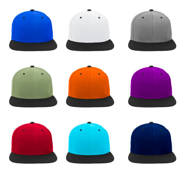 istock Blank baseball snapback cap set two tone color on white background 1360505317