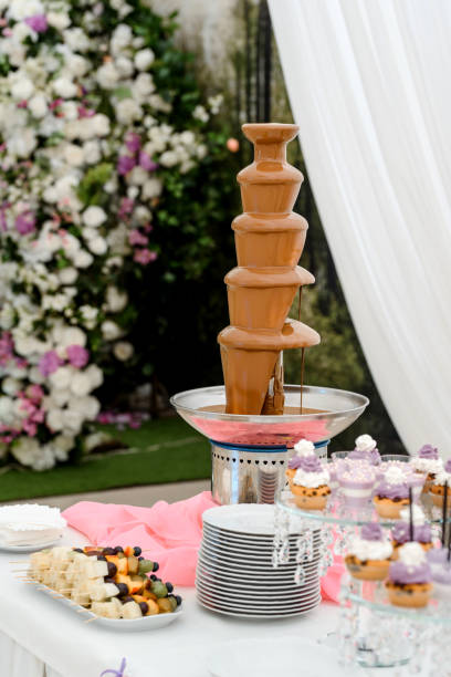 close up chocolate fountain on the wedding reception. - wedding reception fountain chocolate candy wedding imagens e fotografias de stock