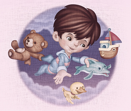 digital painting / raster illustration of little boy flying with toys