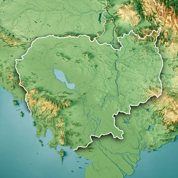 istock Cambodia 3D Render Topographic Map Color Border 1360510697
