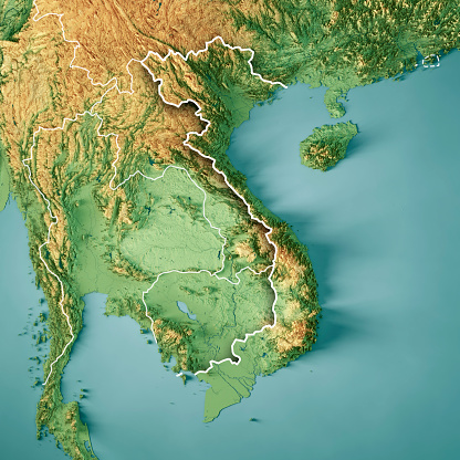 3D Render of a Topographic Map of Vietnam. Version with Country Boundaries.\nAll source data is in the public domain.\nColor texture: Made with Natural Earth. \nhttp://www.naturalearthdata.com/downloads/10m-raster-data/10m-cross-blend-hypso/\nRelief texture: SRTM data courtesy of NASA JPL (2020). URL of source image: \nhttps://e4ftl01.cr.usgs.gov//DP133/SRTM/SRTMGL3.003/2000.02.11\nWater texture: SRTM Water Body SWDB:\nhttps://dds.cr.usgs.gov/srtm/version2_1/SWBD/\nBoundaries Level 0: Humanitarian Information Unit HIU, U.S. Department of State (database: LSIB)\nhttp://geonode.state.gov/layers/geonode%3ALSIB7a_Gen