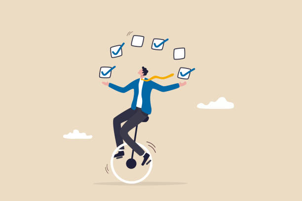 ilustrações de stock, clip art, desenhos animados e ícones de todo list professional, business or work accomplishment, project management to track completed tasks or checklist to check for completion concept, businessman juggling checkbox on unicycle. - juggling