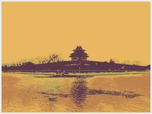 Vector illustration of color woodcut style landscape scene,Forbidden City Corner Tower