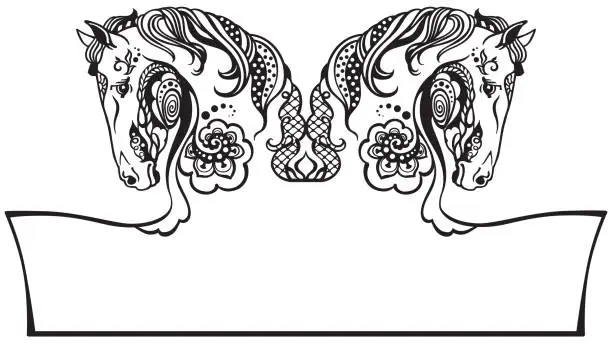 Vector illustration of two horses heads in floral style