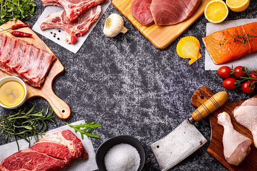 Top view of a composition made of various types of raw animal meats such as a salmon fillet, a tuna loin, some chicken thighs, pork ribs and pork chop, and a beef steak. The composition includes various cutting boards, a kitchen axe, and some vegetables. All the objects are at the borders of the image leaving a useful copy space at the center on a black patterned background.