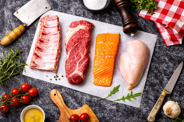 istock Raw food: Different types of animal meats background 1360517014