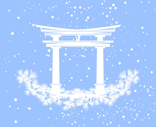松の木の枝と鳥居ゲートベクトルシルエットデザインの冬の季節の装飾 - 神社点のイラスト素材／クリップアート素材／マンガ素材／アイコン素材