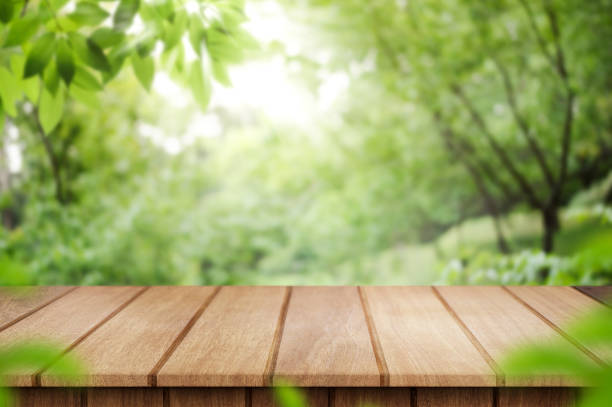 mesa de madera vacía en la naturaleza al aire libre para espacio libre para el producto. plantilla natural con beauty bokeh y luz solar. hermoso concepto de primavera con naturaleza verde al aire libre - solar collector fotos fotografías e imágenes de stock