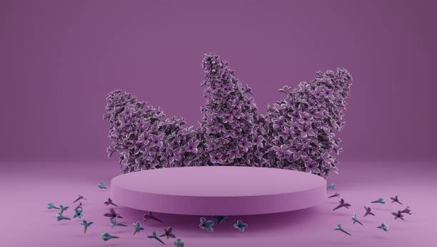 istock 3D rendering flower background violet color with geometric shape podium for product display, minimal concept, Premium illustration pastel floral elements, beauty, cosmetic, valentines day. 1360521769