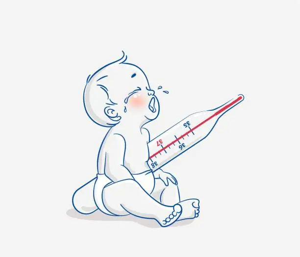 Vector illustration of Cute little baby boy sitting on floor with huge thermometer and crying.