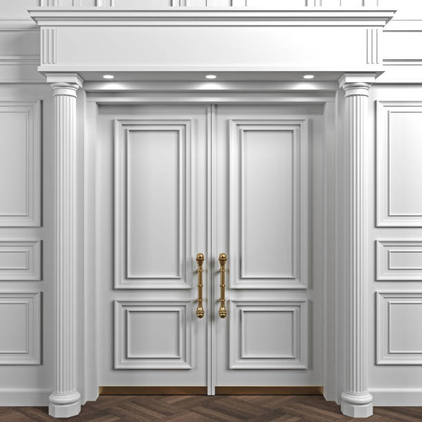 istock White double classic wooden big door on wall 1360525308