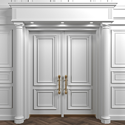 3 d illustration. Closed classic white doors with carvings. Interior Design. Background