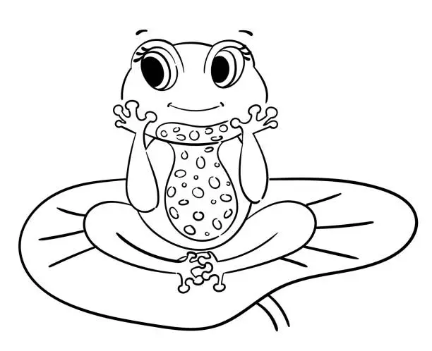Vector illustration of coloring of cute little dreamy frog sitting on water lily, isolated on white background. Coloring book for kids with character