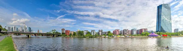 Panoramic view of Frankfurt am Mian from the banks of the Main with the building of the European Central Bank (ECB)