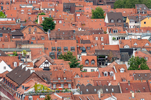 Above the red tiled roofs of the historic old town of Heidelberg