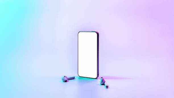 Smartphone screen. Mobile smart phone technology blank screen. Mock up smart phone device, audio headphones equipment on neon gradient background. For text message, information content, clipping path.