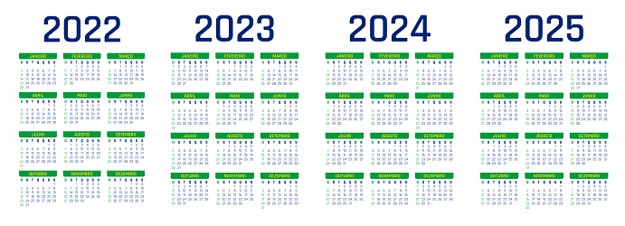 2022,2023,2024,2025 calendar Brazilian. Portuguese calendar. 2022 Brazilian calendar. 2023 Brazilian calendar. 2024 Brazilian  calendar. 2025 Brazilian calendar. 2022-2025 almanac. 2022-2025 Portugal date block. Days of the month. Months of the year. Vector Illustration.