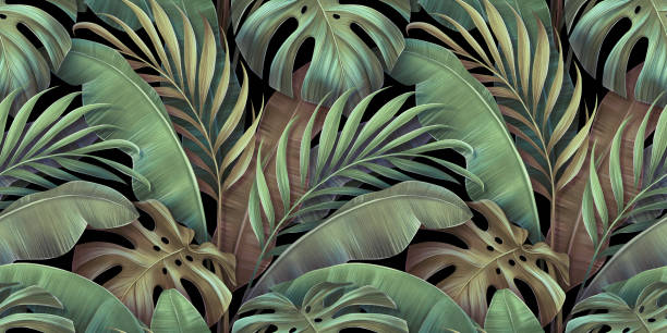 ilustraciones, imágenes clip art, dibujos animados e iconos de stock de patrón tropical sin costuras con hermosa palma, hojas de plátano, monstera. ilustración 3d vintage dibujada a mano. papel pintado de lujo - floral pattern decor art backgrounds