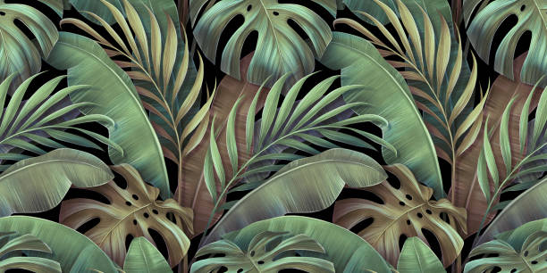 아름다운 야자수, 바나나 잎, 몬스터와 열대 원활한 패턴. 손으로 그린 빈티지 3d 일러스트. 럭셔리 벽지 - floral pattern decor art backgrounds stock illustrations