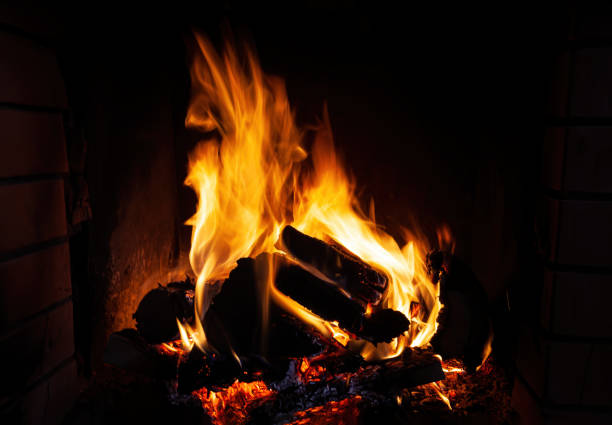 istock Fireplace with wood and fire flames 1360534282