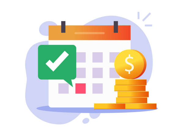 Payment date of recurring tax money scheduled on calendar icon, success bill pay day, salary and wage cash agenda, credit or loan payday, financial subscription accountant plan Payment date of recurring tax money scheduled on calendar icon, success bill pay day, salary and wage cash agenda, credit or loan payday, financial subscription accountant plan image paid stock illustrations
