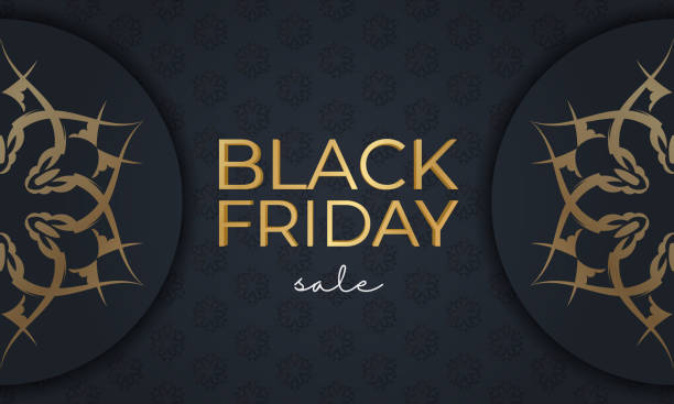 istock Black friday banner template in dark blue color with geometric gold pattern 1360537727