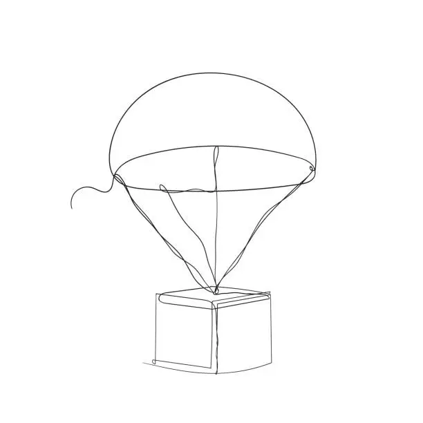 Vector illustration of hand drawn air balloon parachute with package box illustration in continuous line drawing