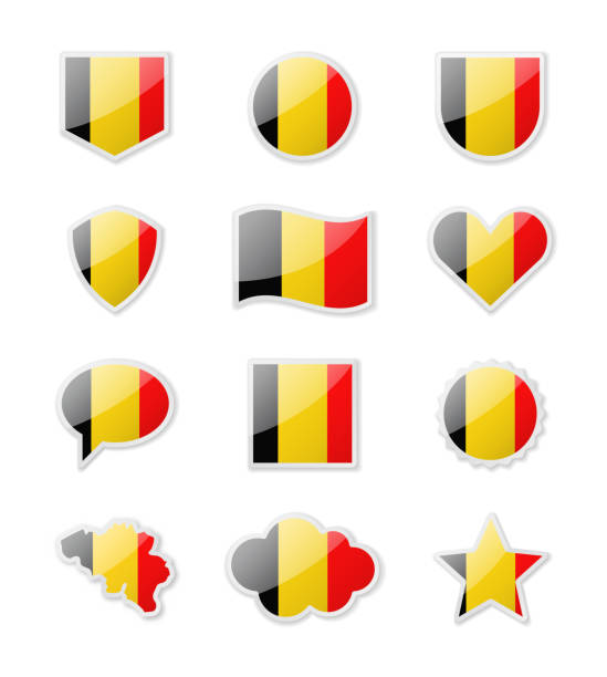 illustrations, cliparts, dessins animés et icônes de belgique - ensemble de drapeaux de pays sous la forme d’autocollants de différentes formes. - belgium belgian flag flag shield