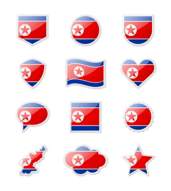 Vector illustration of North Korea - set of country flags in the form of stickers of various shapes.