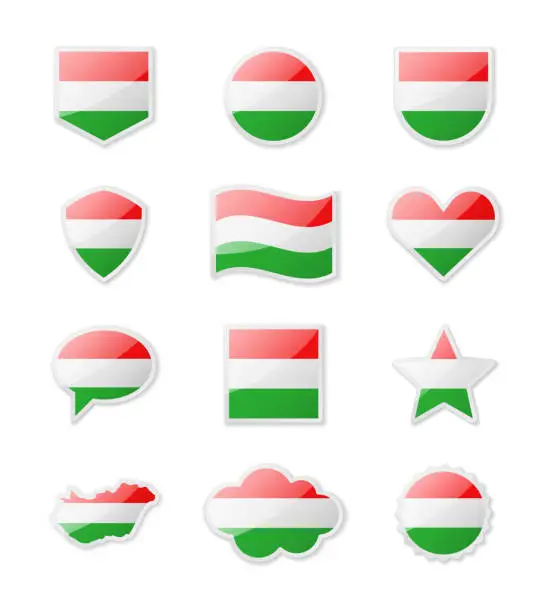 Vector illustration of Hungary - set of country flags in the form of stickers of various shapes.