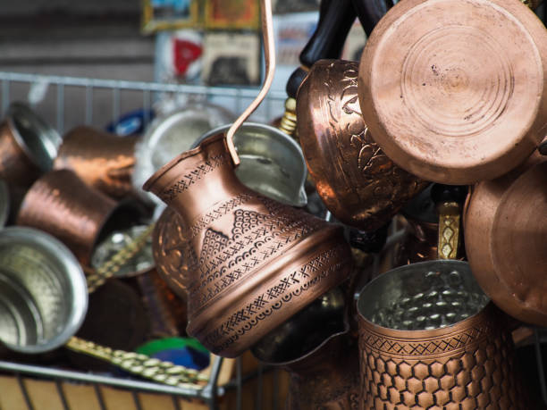 coffee pots where dibek coffee made in the sand is prepared in ankara castle. - antique furniture old old fashioned imagens e fotografias de stock