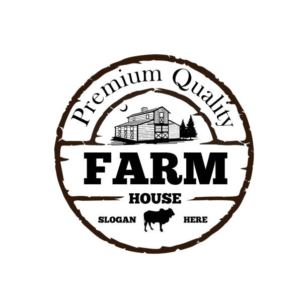 illustrations, cliparts, dessins animés et icônes de logo du concept cow farm house . thème rétro. label pour les produits agricoles naturels. logotype noir isolé sur fond blanc. illustration vectorielle. - barn farm moon old