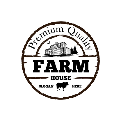 cow Farm House concept logo . retro themed. Label for natural farm products. Black logotype isolated on white background. Vector illustration.