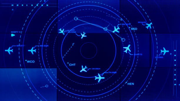 istock Simulation screen showing various flights for transportation and passengers. 1360542520