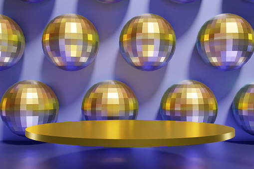 3d render of golden podium festive shiny dico balls pattern with a violet color of the year 2022 banner