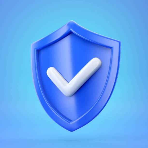 Blue shield icon with check mark sign on color background stock photo