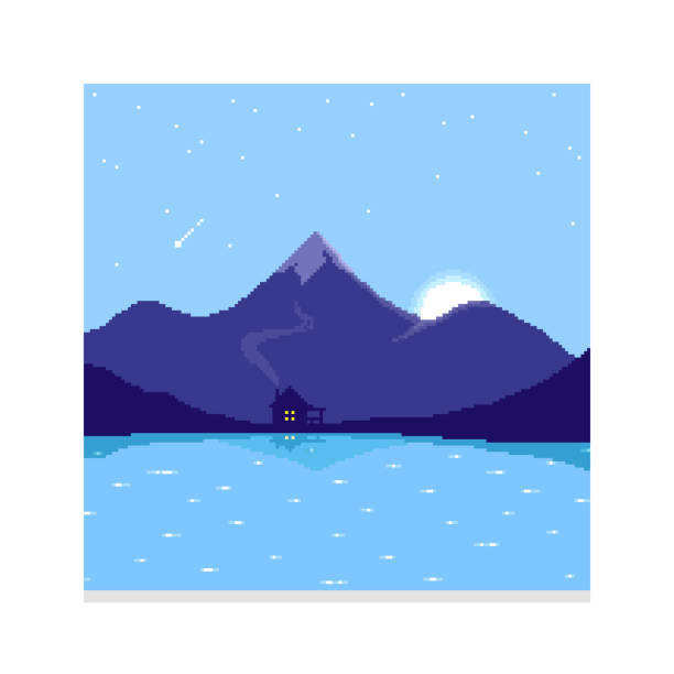 simple vector pixel art illustration of cartoon blue mountain landscape and a house with a glowing window and smoke from a chimney by a lake or river colorful simple vector pixel art illustration of cartoon blue mountain landscape and a house with a glowing window and smoke from a chimney by a lake or river mountain clipart stock illustrations