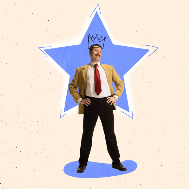 Creative collage. Businessman stading with big str behind him. Successful job. Leader. Employee of the year. Concept of business and professional growth, career, motivation, success, win and ad