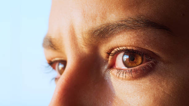 istock Extreme closeup on bright brown eye. Beautiful female face 1360547520