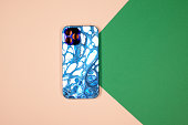 blue phone case back view. Template of iphone 12 plus case. Green and beige background