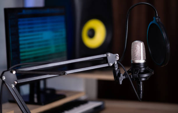 istock Professional microphone in a music studio or radio studio. Condenser microphone for studio voice recording. 1360548440