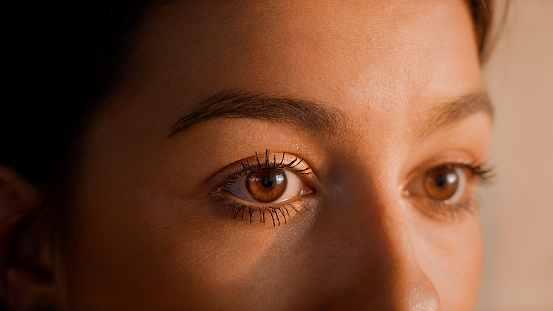 Female human eye details. Studio shot of woman putting on make up