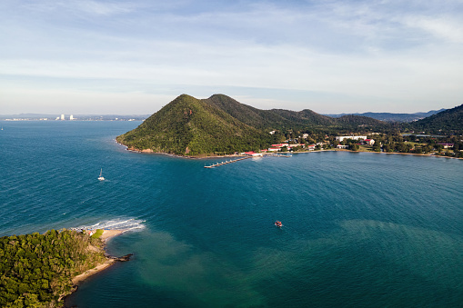 Aerial view of Beautiful tropical sea and mountain with blue sky in Pattaya, Chonburi