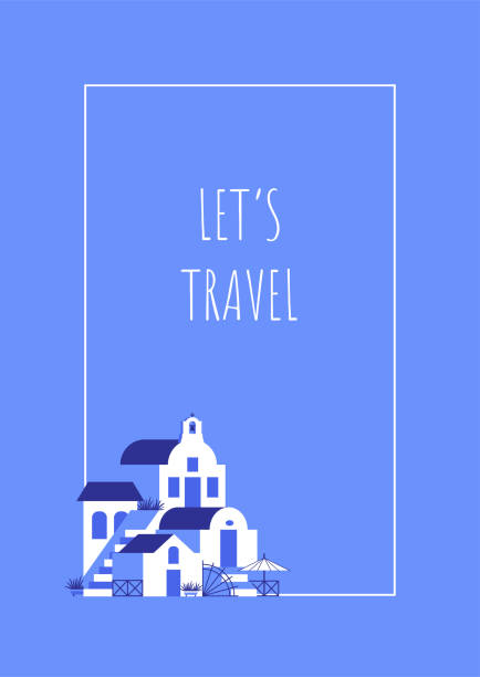Postcard with blue-white houses and phrase in travel and holiday theme. Vector illustration in flat style for touristic industry. Postcard with blue-white houses and phrase in travel and holiday theme. Vector illustration in flat style for touristic industry. greece illustrations stock illustrations